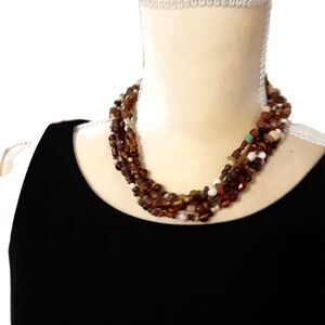 Natural beaded 5-string necklace tones brown burgundy cream 16"